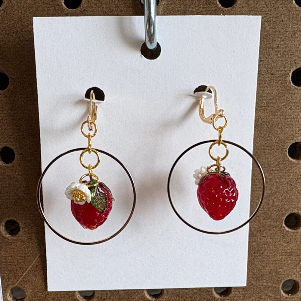 Hand Crafted Red Strawberry Hoop Earrings with Gold Accents